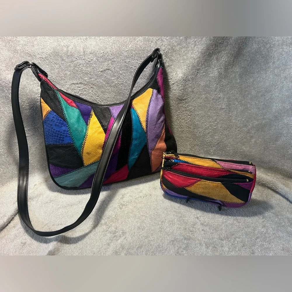 Vtg 80s La Covina Multicolored Recycled Leather Patchwork Shoulder Bag w/ Wallet - Picture 1 of 16